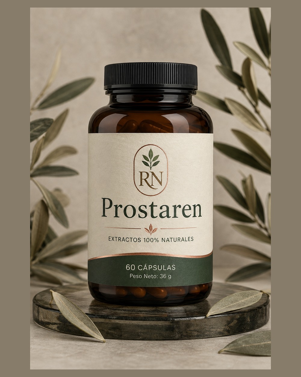 Prostaren en una composición de estudio con tonos crema y verdes